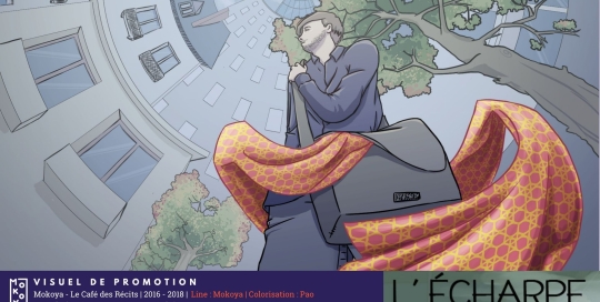 Un jeune adulte regarde au loin, une écharpe sort de son sac en bandoulière et l'entoure. Derrière lui, la ville de Nantes semble se refermer sur lui.