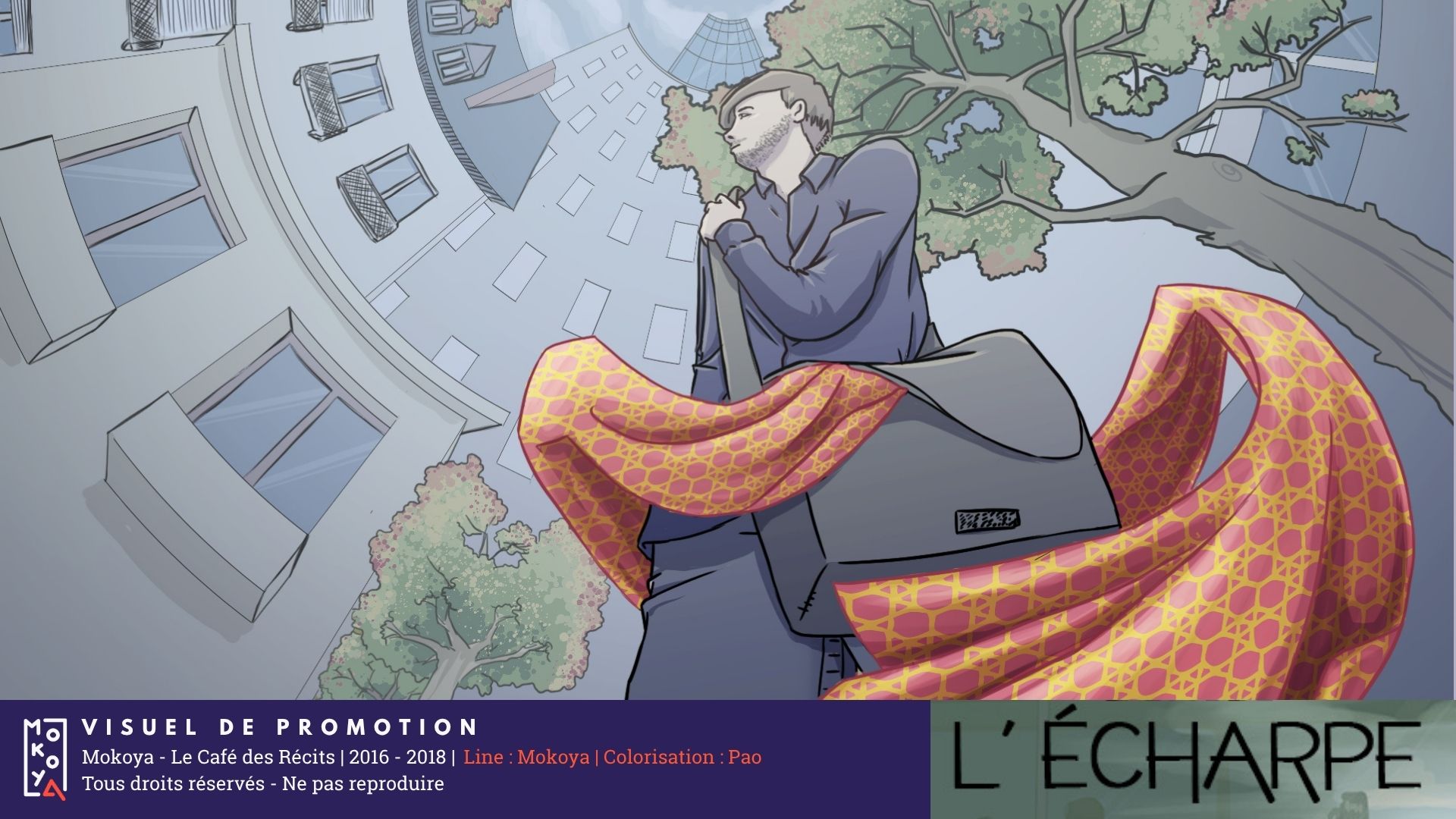 Un jeune adulte regarde au loin, une écharpe sort de son sac en bandoulière et l'entoure. Derrière lui, la ville de Nantes semble se refermer sur lui.